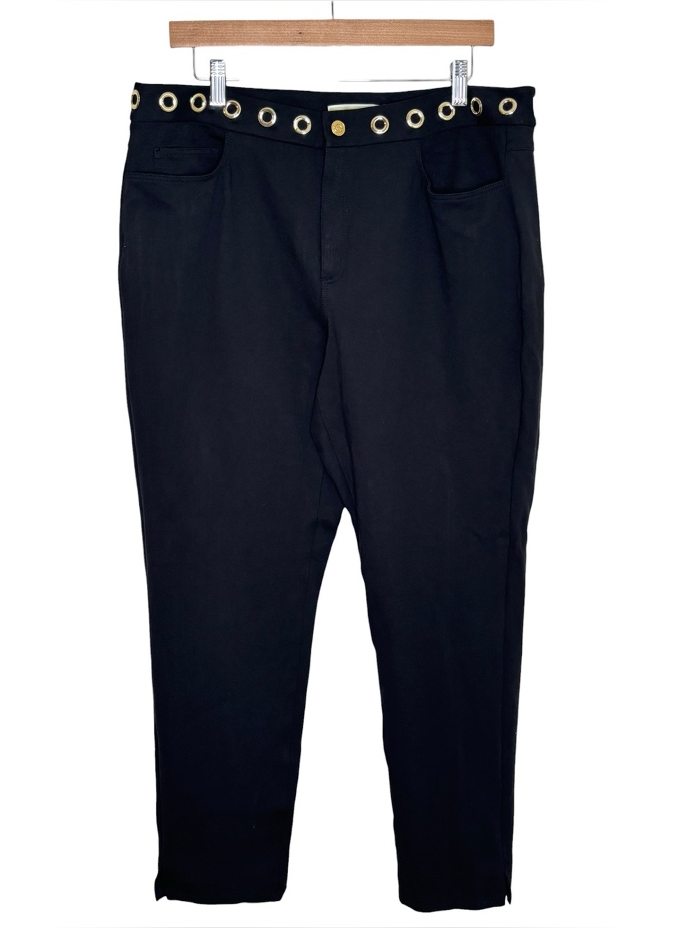 Michael Kors pants black ponte knit gold grommet high rise skinny size XL
